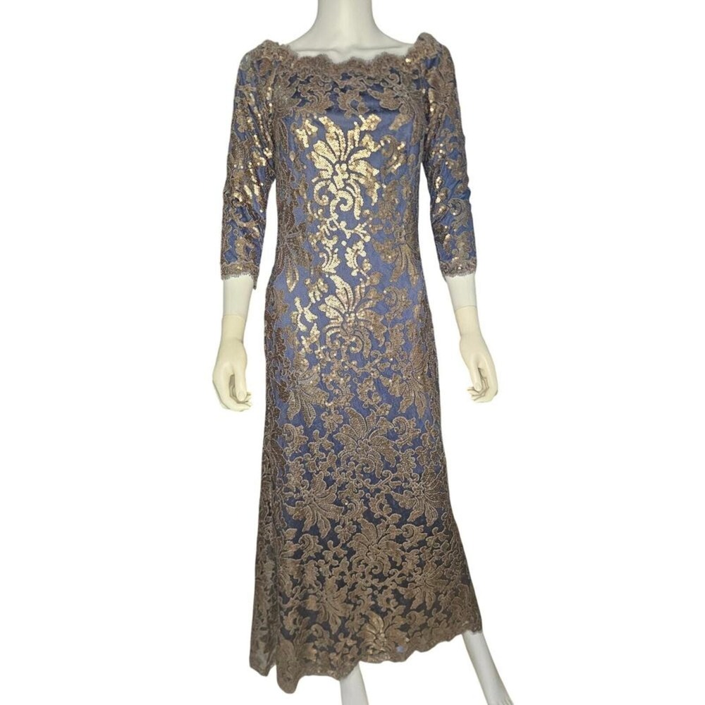 Tadashi Shoji Navy Gold Sequin Maxi Dress Sz6 Metallic Lace Overlay Formal Gown - Picture 2 of 9